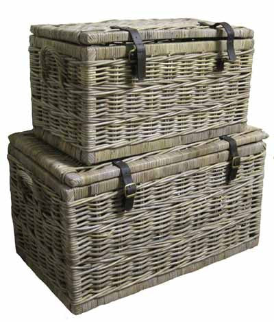 S/2 Rattan Trunks with Leather Straps