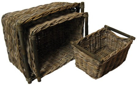 S/3 Rectangle Rattan Storage Baskets with Pole Handles